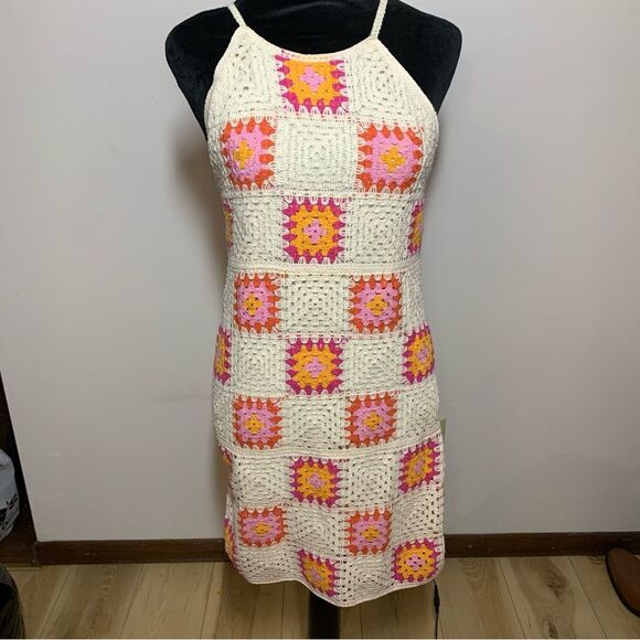 Stradivarius Patchwork Crochet Mini Dress in Ecru Size medium - Picture 1 of 13